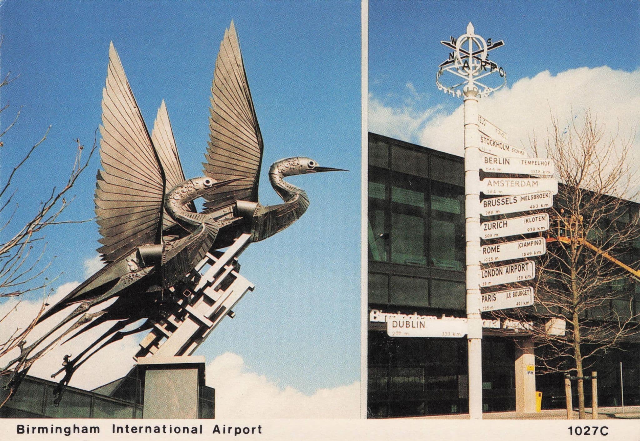 Signpost & Take Off Sculpture Birds at Birmingham Airport Hobby Centre 1980s Postcard