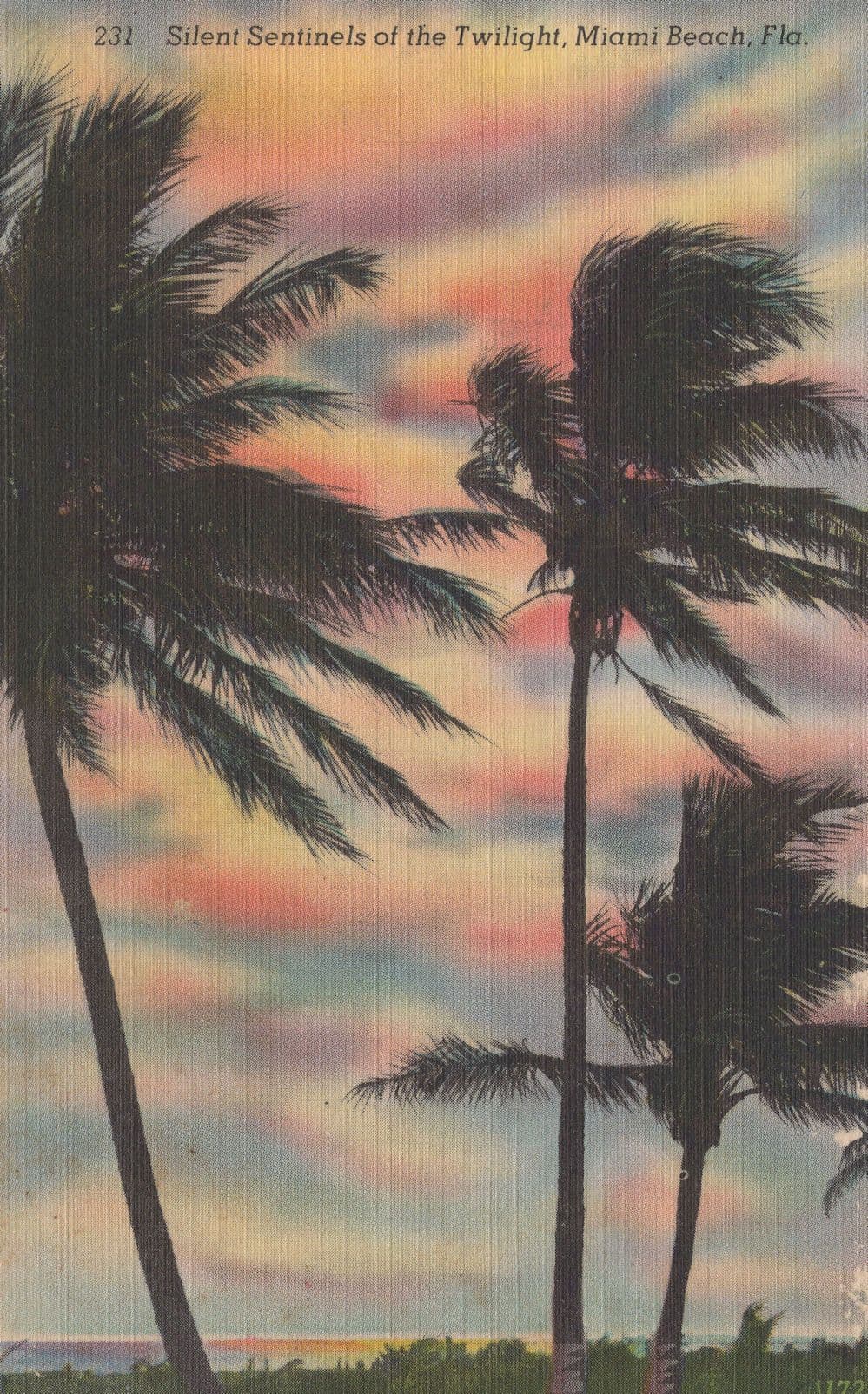 Silent Sentinels of the Twilight Miami Beach FL Palm Trees Linen Postcard