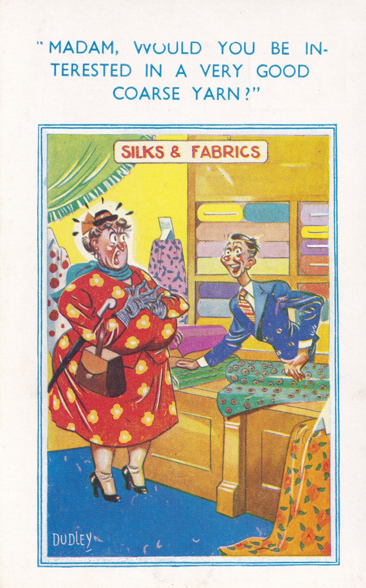 Silks & Fabrics Tailors Shop Vintage Comic Postcard