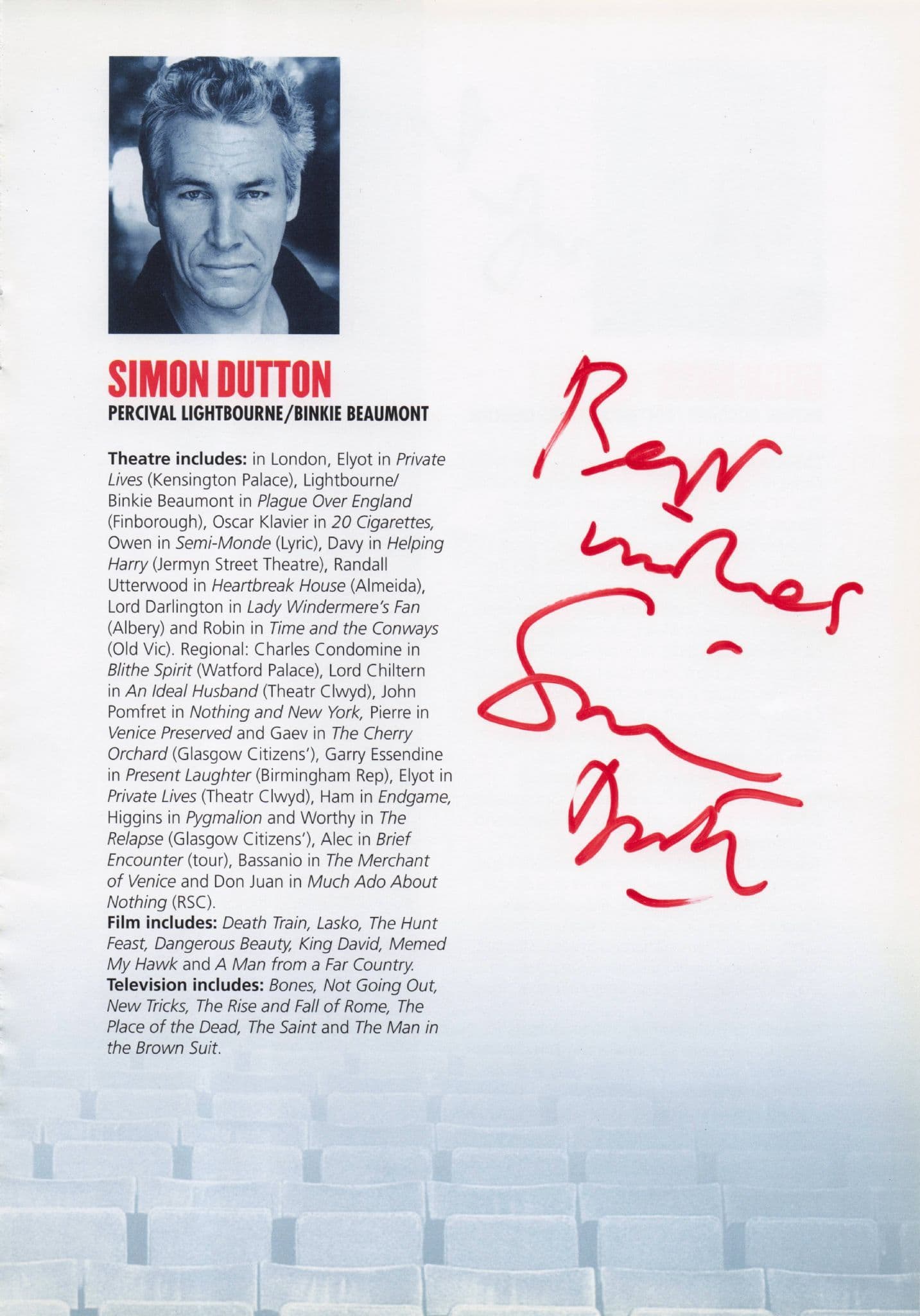 Simon Dutton Simon Templar Hugh Ross Hand Signed Theatre Photo Page