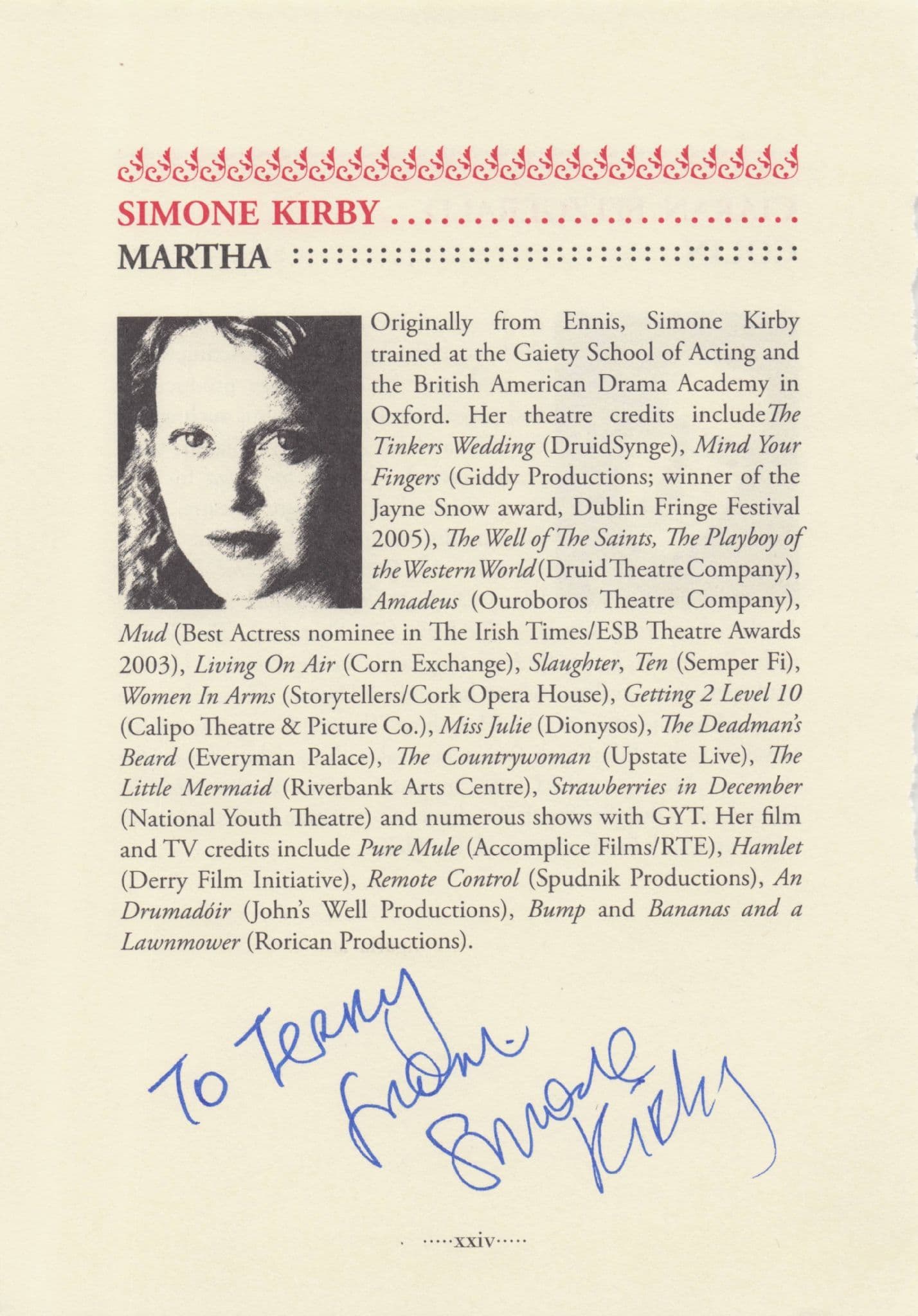 Simone Kirby in The Secret Garden Play Hand Signed Theatre Page Autograph