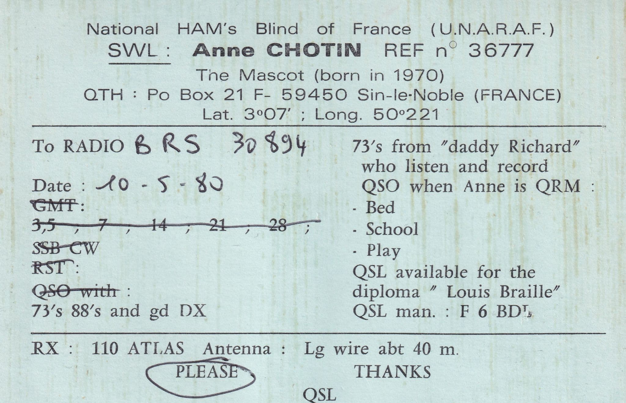 Sin Le Noble France Amateur Radio QSL Card