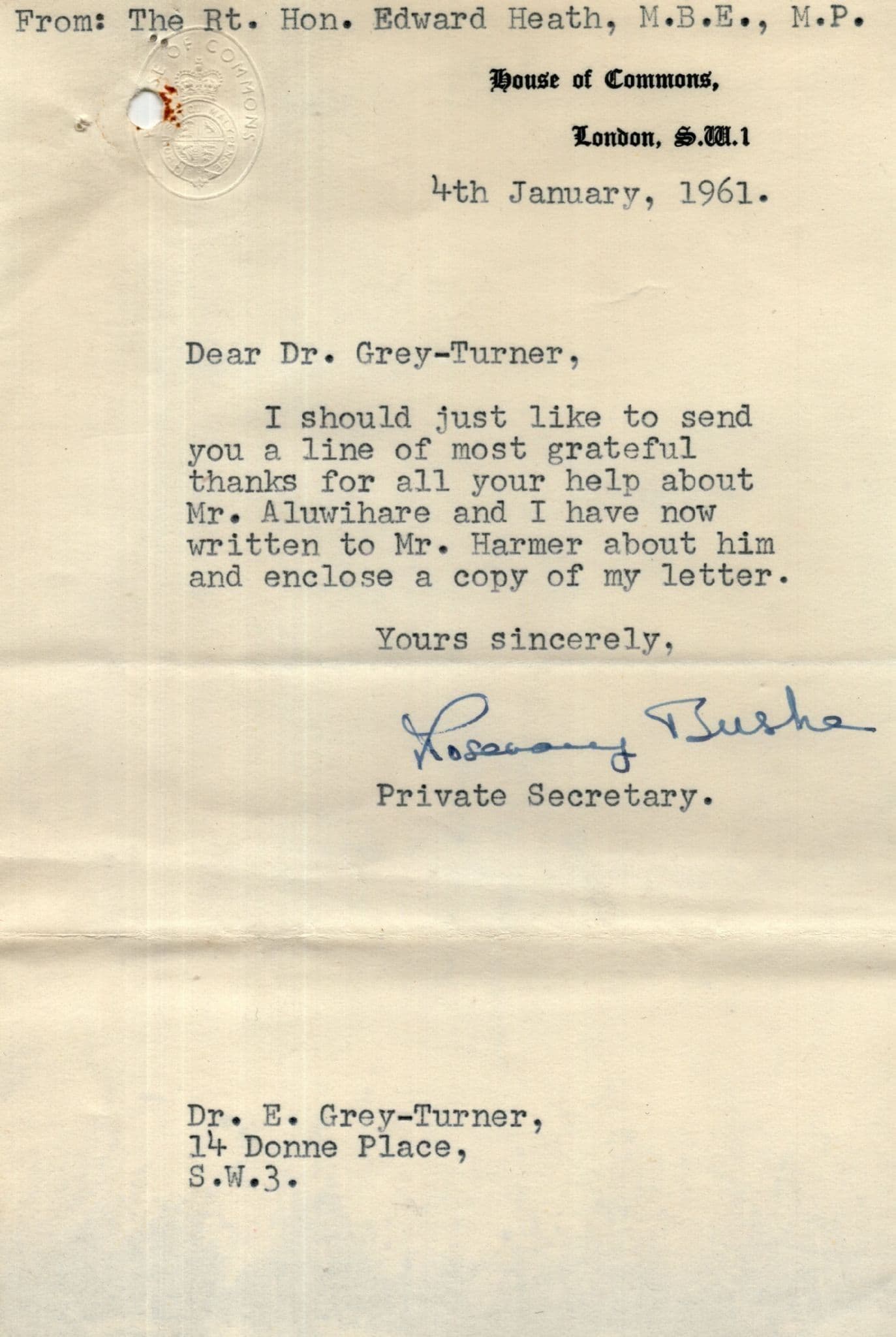 Sir Edward Heath Secretary 1961 House Of Commons Hand Signed Letter
