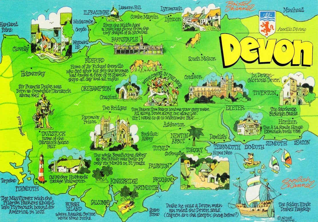 Sir Francis Drake Devon Famous People & Places Map Postcard
