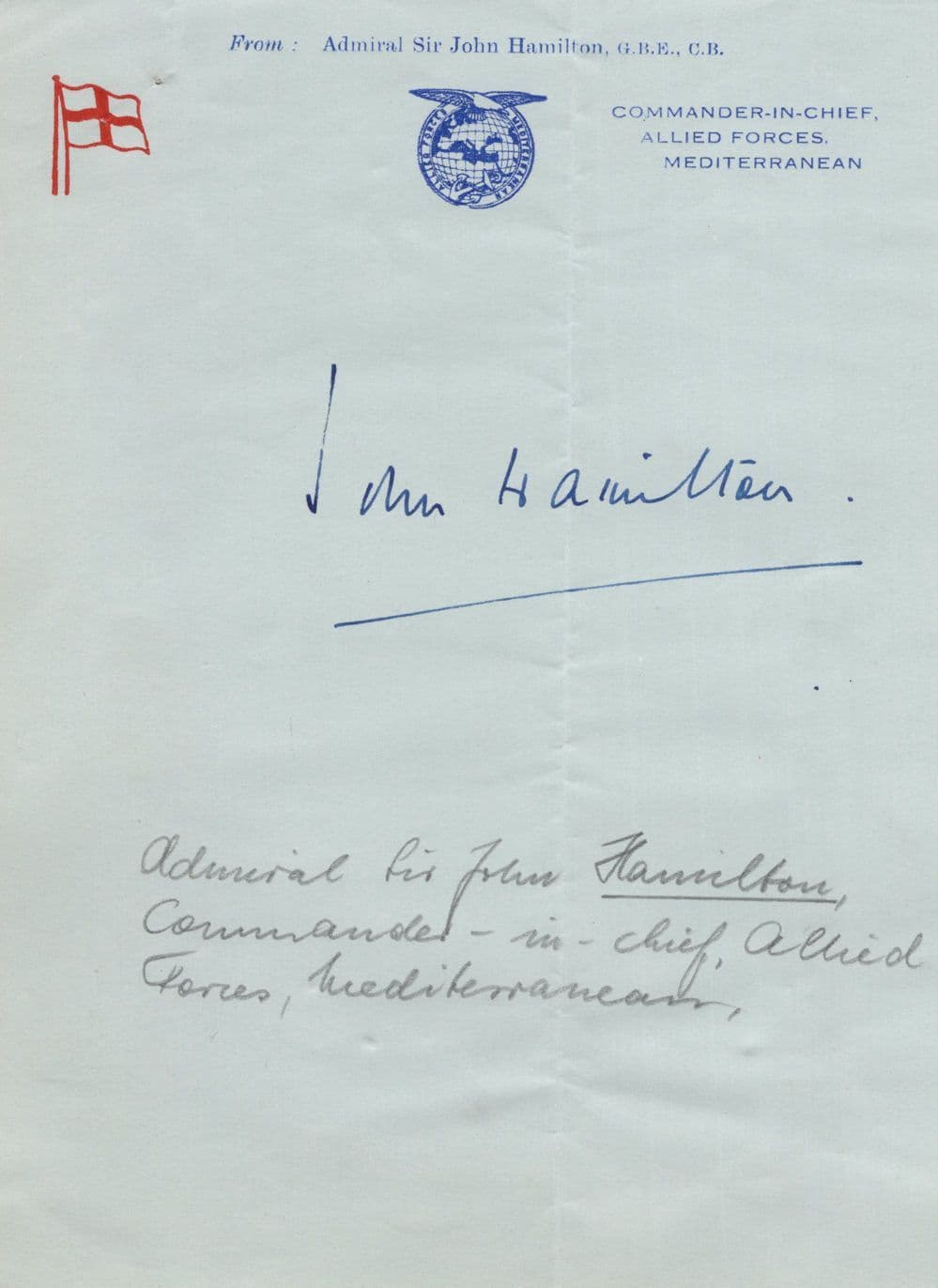 Sir John Graham Hamilton GBE WW2 Royal Navy Commander Hand Signed Letter Autograph