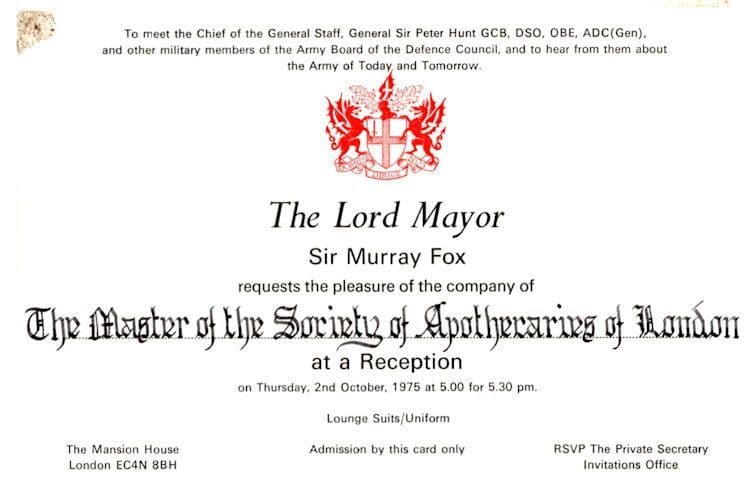 Sir Murray Fox London Lord Mayor 1975 Society Of Apotheraries Invitation