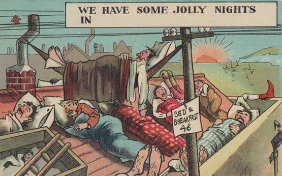 Sleeping On Roof Chimney Rooftop Hotel Vintage Bed & Breakfast Comic Postcard
