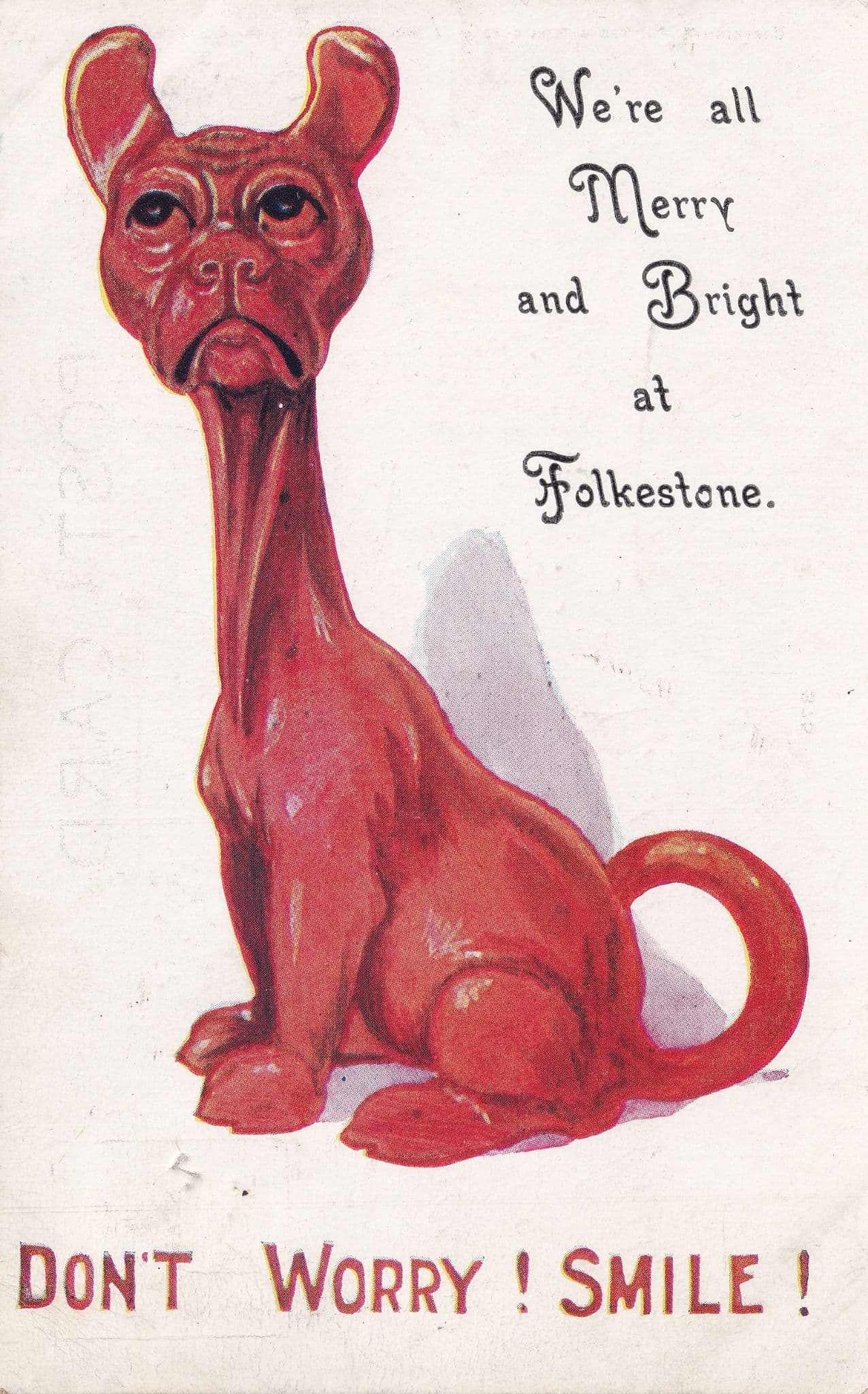 Smile at Folkestone Kent Grumpy Dog Antique Comic Postcard