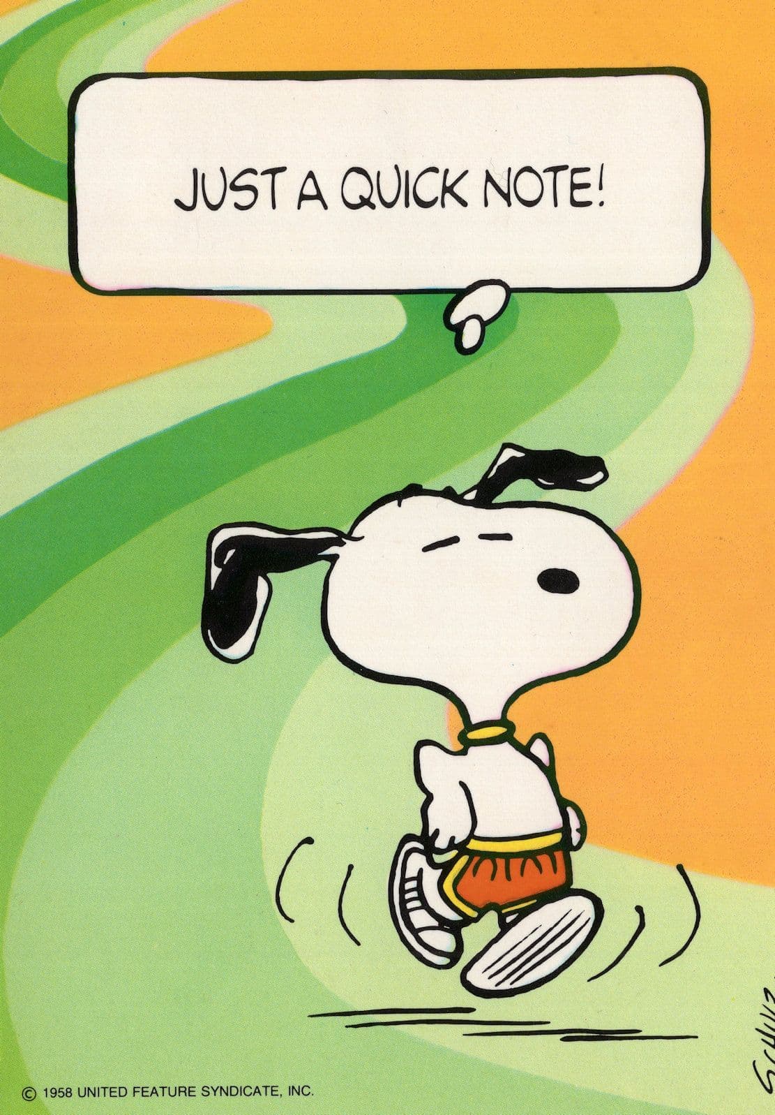 Snoopy of Peanutes Just A Quick Note Postcard
