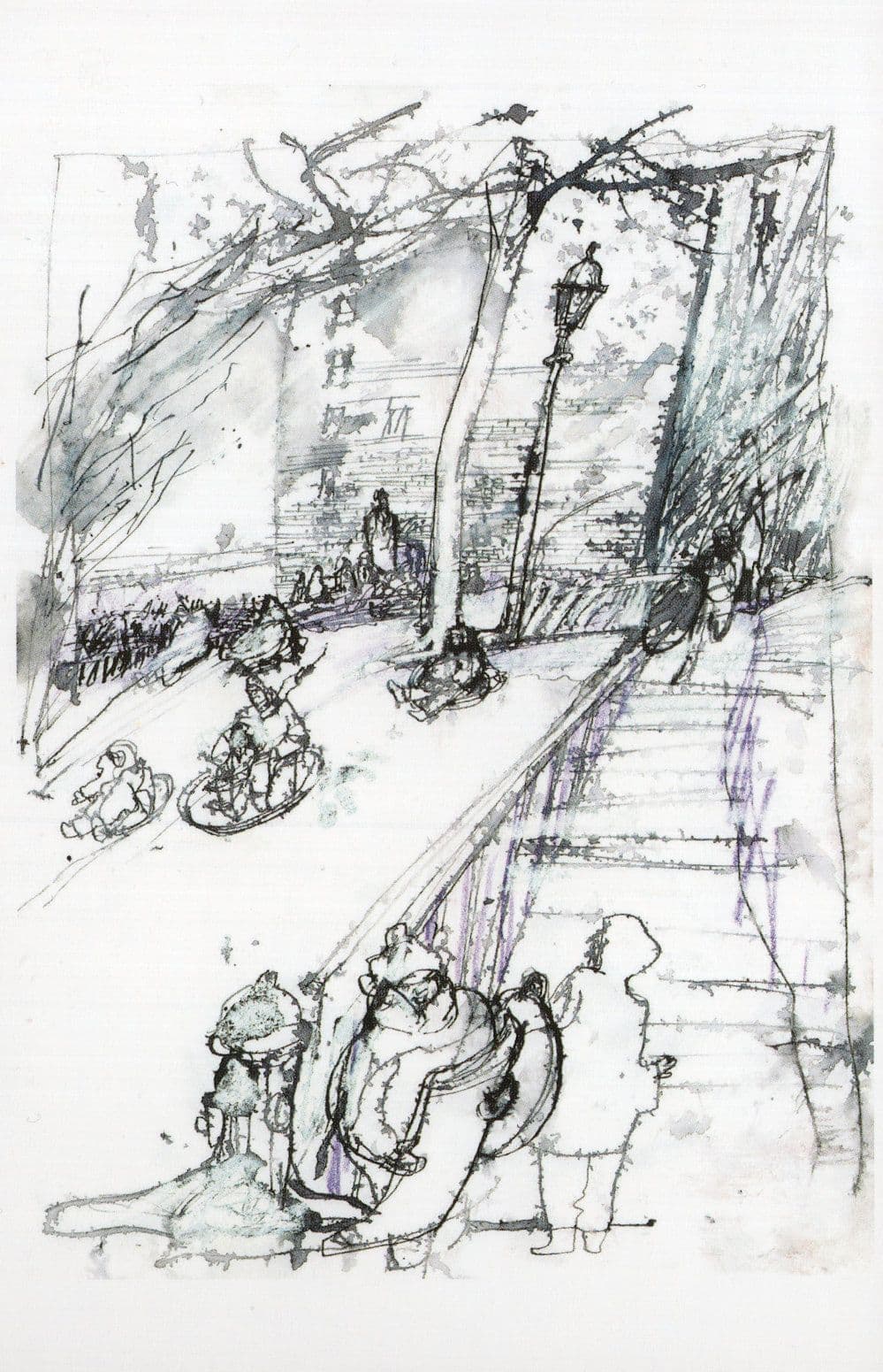 Snow Day New York City Winter Bicycle Sleigh Sketch Painting Postcard