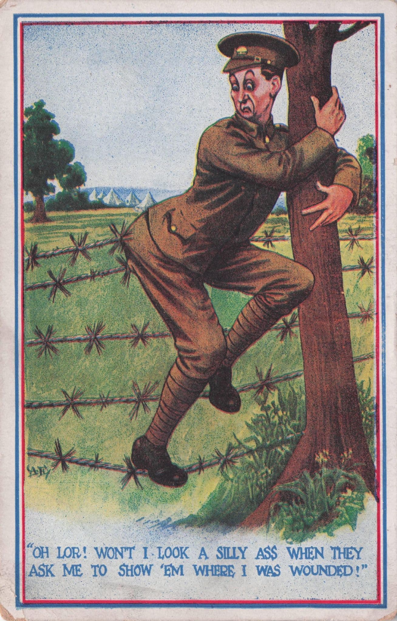 Soldier Army Barbed Wire Military Wounded Old Comic Postcard
