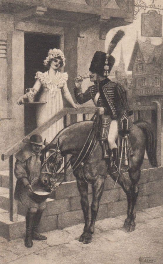 Soldier Drinking Alcohol By Lady on Mounted Horse Antique Plain Back Postcard