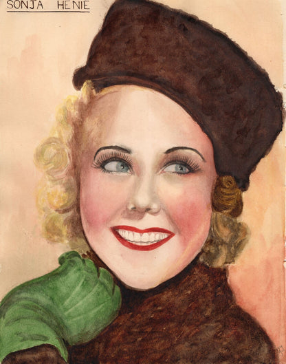 Sonja Henie Norway Ice Skater Film Actress Antique Painting Hand Art Drawing