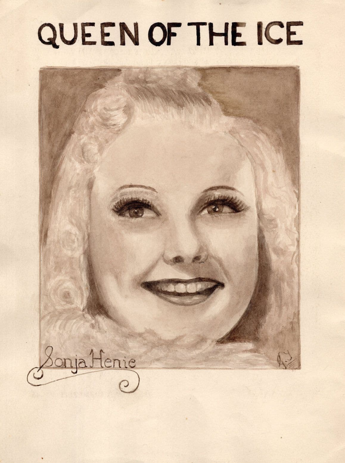 Sonja Henie Norway Ice Skater Film Actress Vintage Large Hand Art Drawing