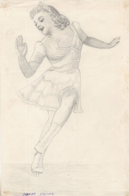 Sonja Henie Norway Ice Skater Film Actress Vintage Old Hand Sketch Art Drawing