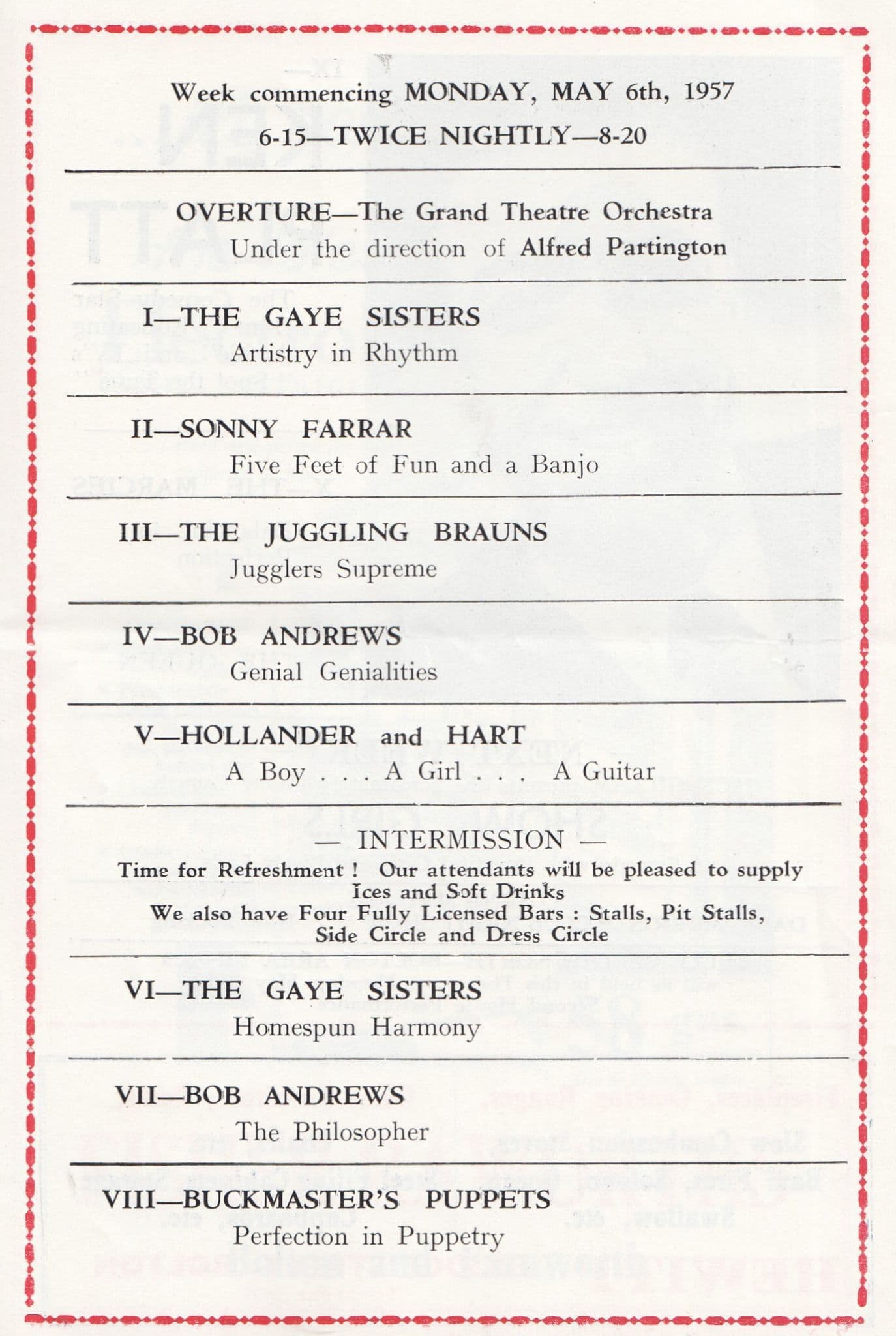 Sonny Farrar Gaye Sisters Bolton Manchester Theatre 1957 Variety Show Programme