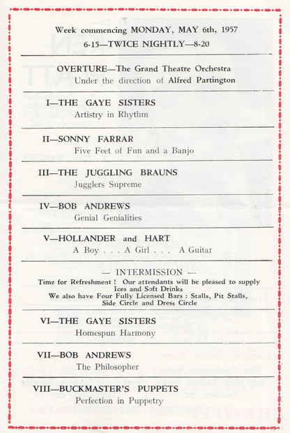 Sonny Farrar Gaye Sisters Bolton Manchester Theatre 1957 Variety Show Programme
