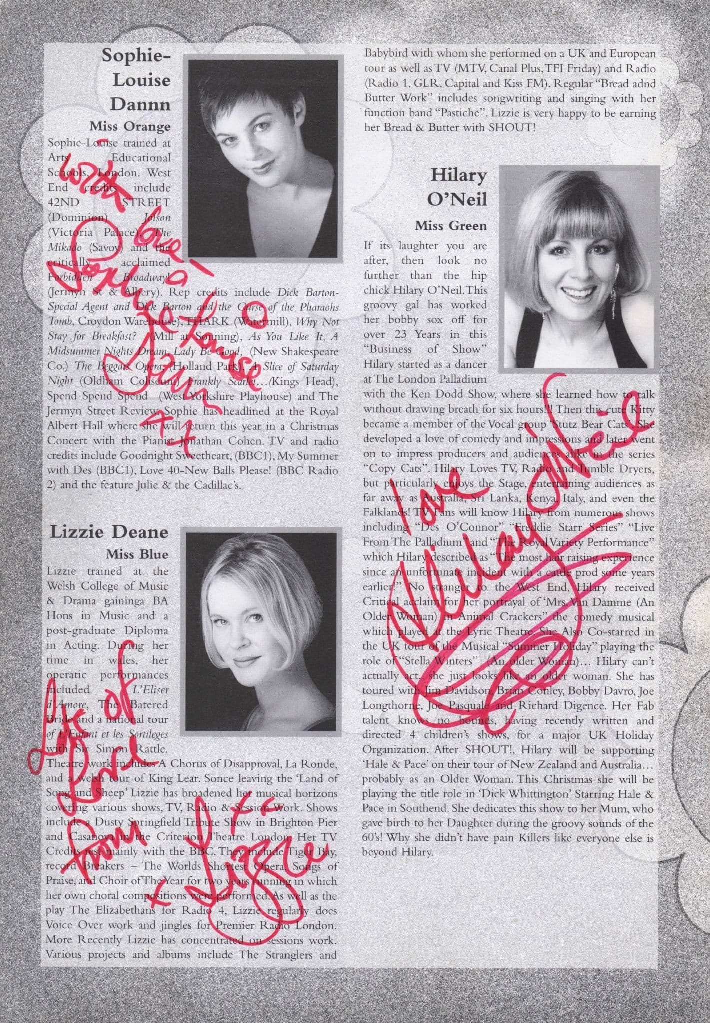 Sophie Louise Dannn Lizzie Deane Hilary O'Neil Hand Signed Theatre Page