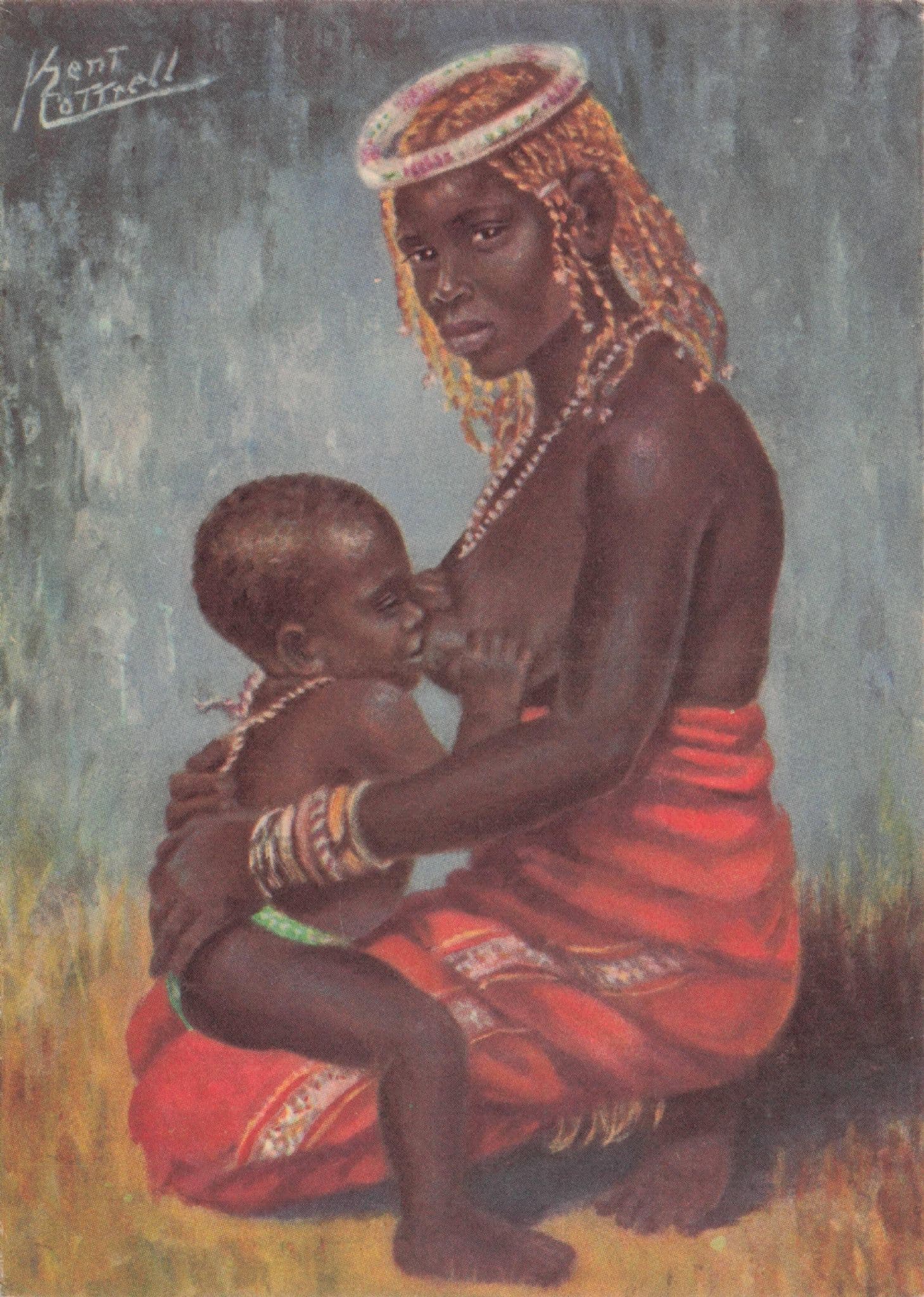 South African Lady Breast Feeding Vintage Ethnic Painting Postcard