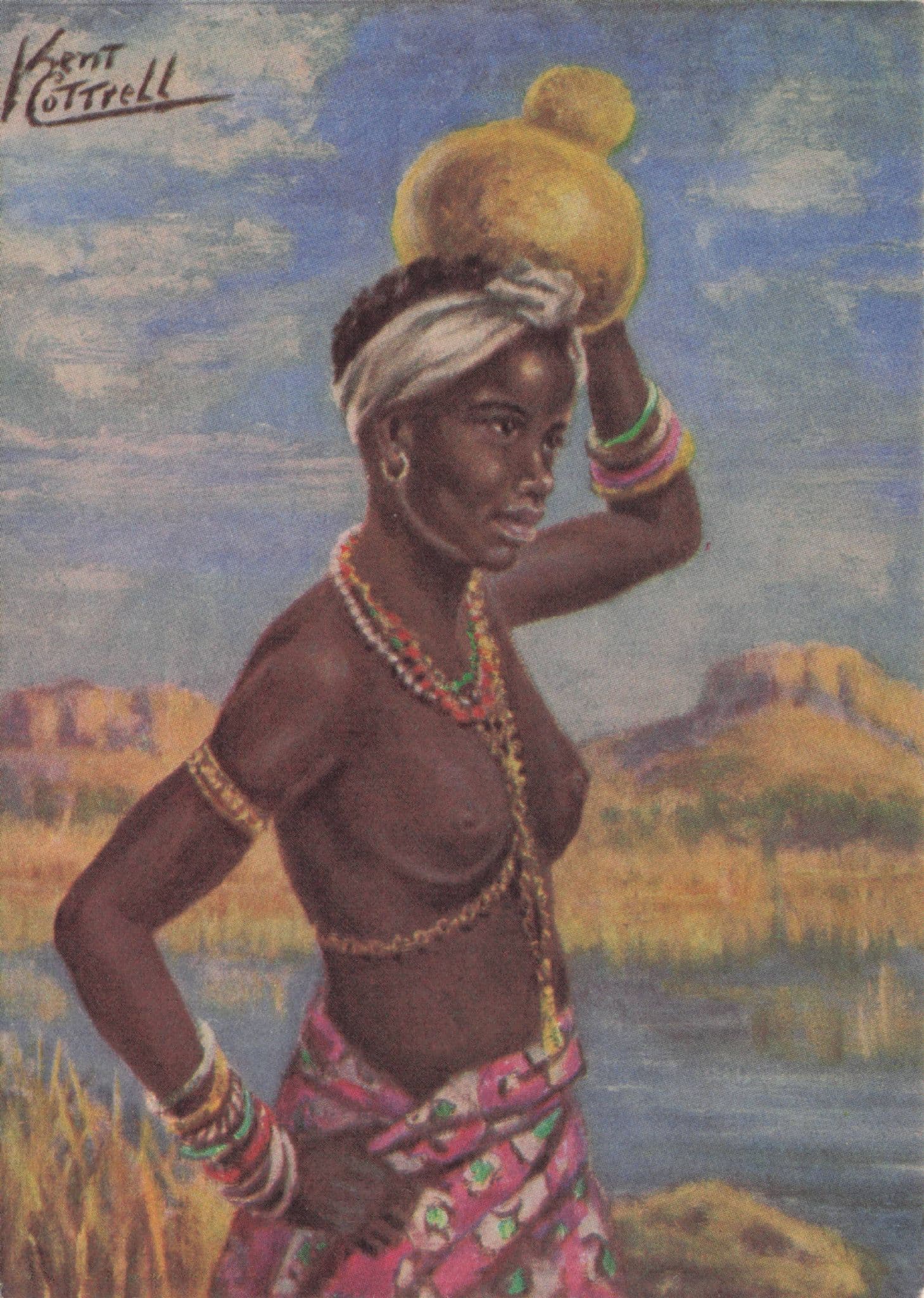 South African Risque Water Carrier Lady Glamour Old Painting Postcard