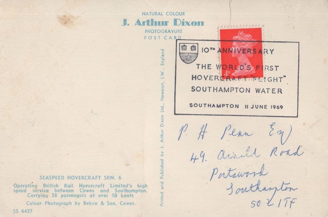 Southampton Water 1969 Anniversary Hovercraft Postcard