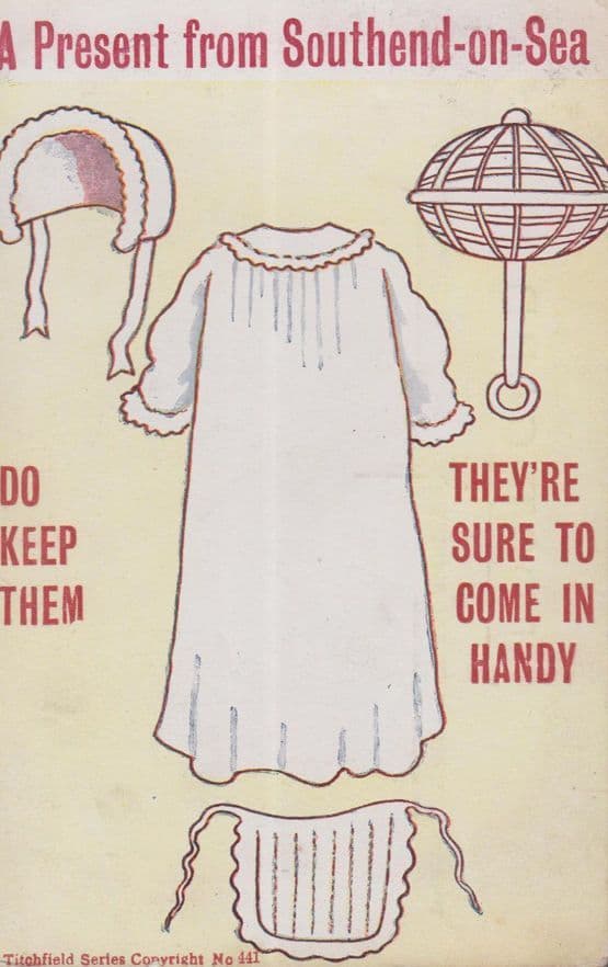 Southend On Sea Essex Baby Bib Rattle Hat Romper Suit Antique Present Postcard