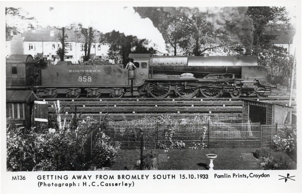 Southern 858 Train at Bromley South Station Railway Real Photo Postcard