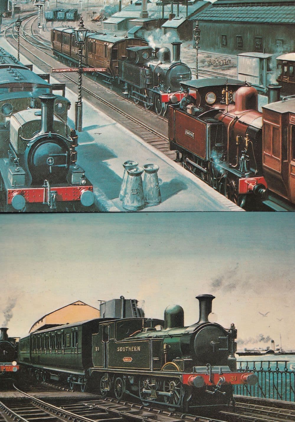Southern Railway Isle Of Wight Train at Newport Ryde 2x Painting Postcard s