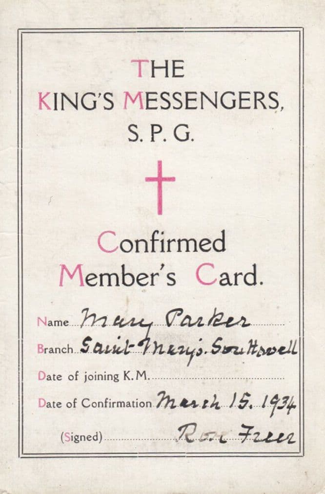 Southwell Kings Messengers Christian 1934 Membership Card