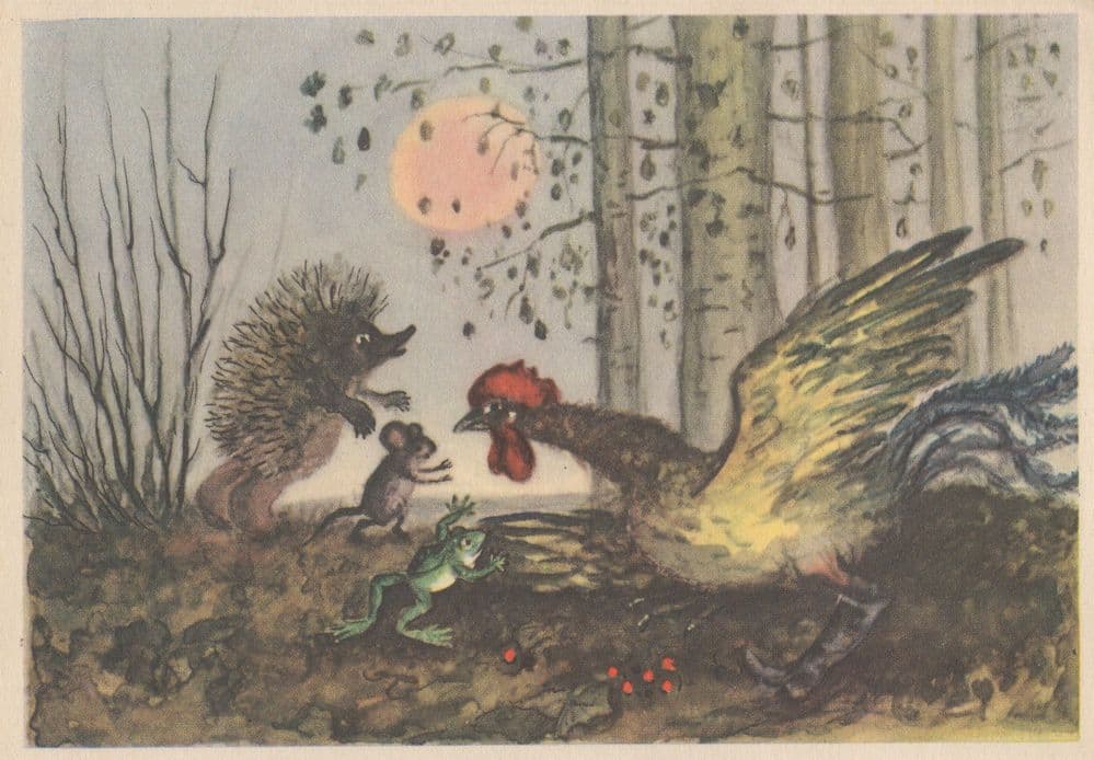 Soviet Czech Russian Angry Hedgehog Hen Bird Old Painting Postcard