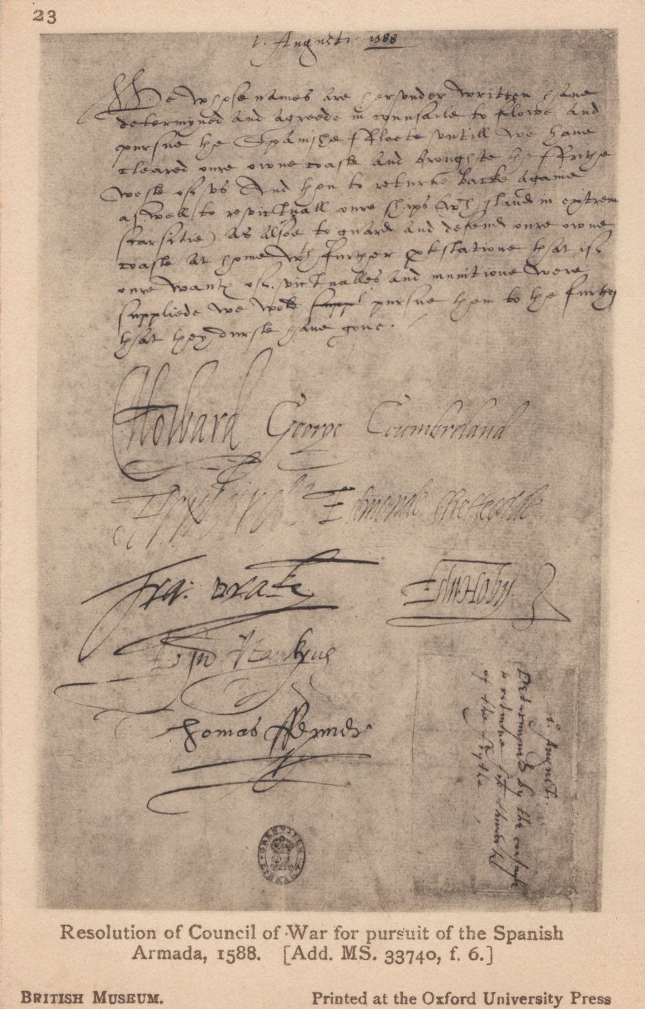 Spanish Armada Resolution Of Council Of War Treaty Museum Old Postcard