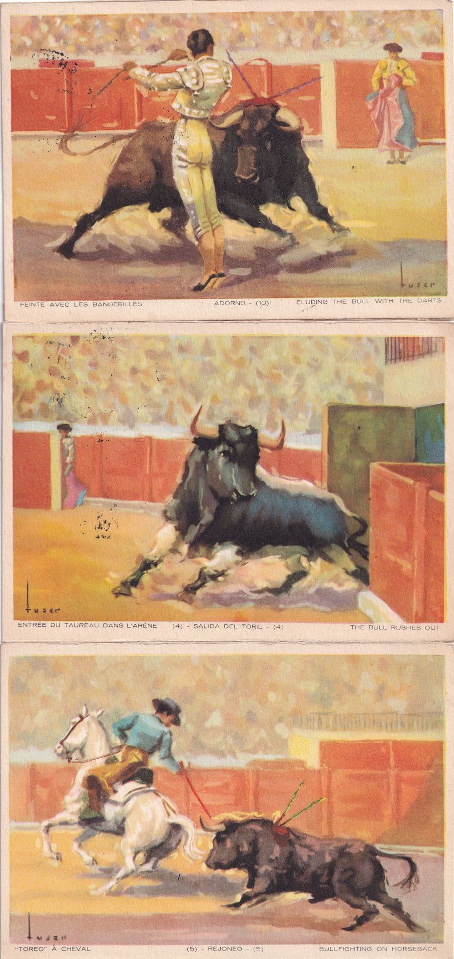 Spanish Bullfight Bullfiighting 3x Old Painting Postcard s