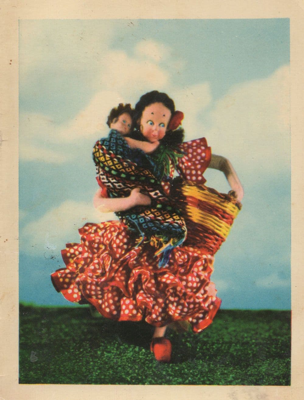Spanish Living Toy Doll & Baby Running Scared Andalucia Postcard