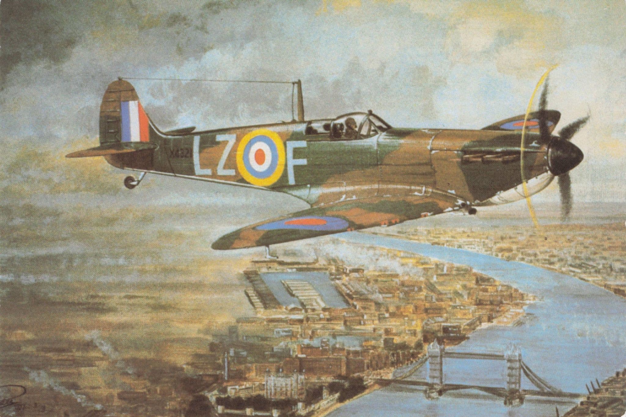 Spitfire Mark 1 Plane War WW2 Over London Painting Postcard