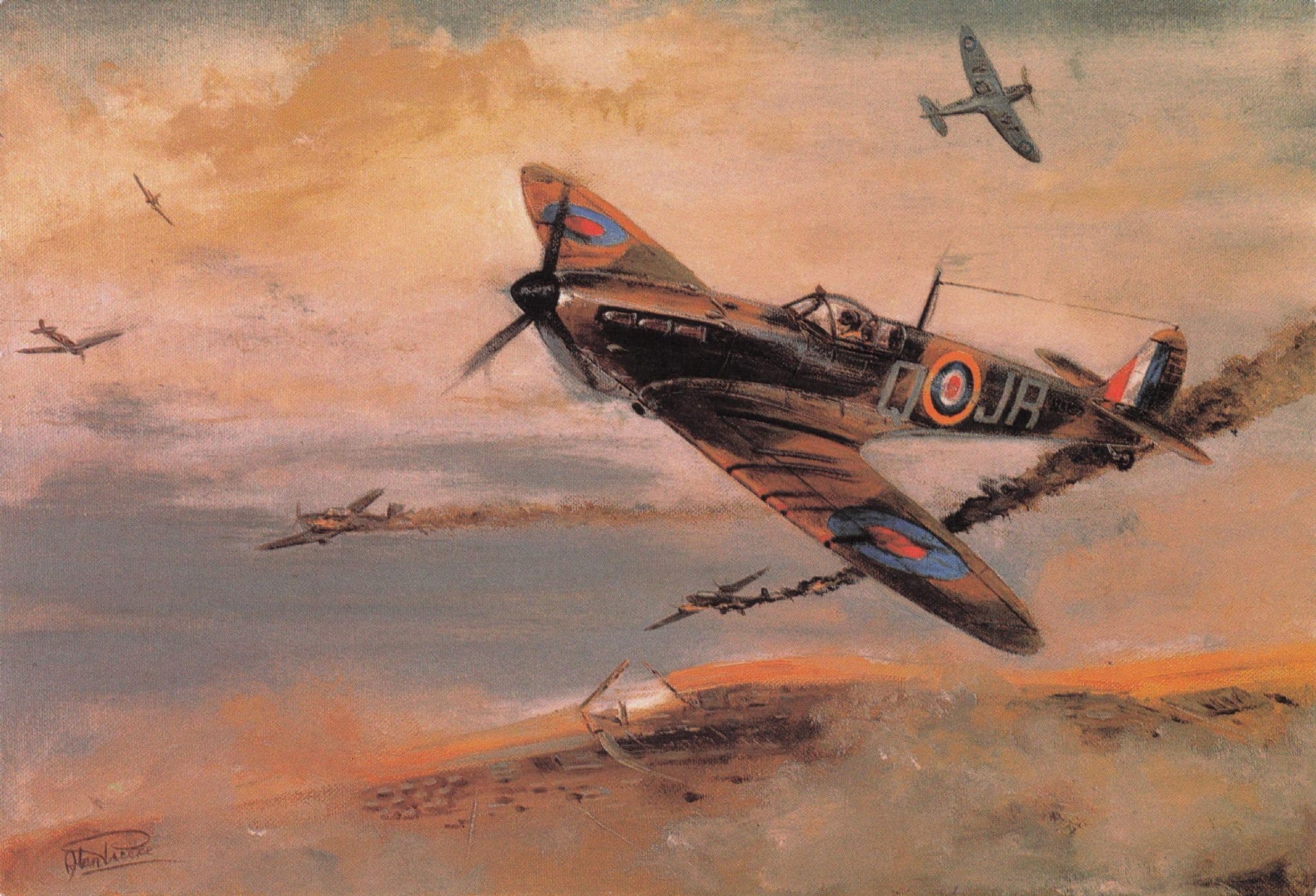 Spitfire Planes Over Dunkirk WW2 Battle Of Britain Painting Postcard