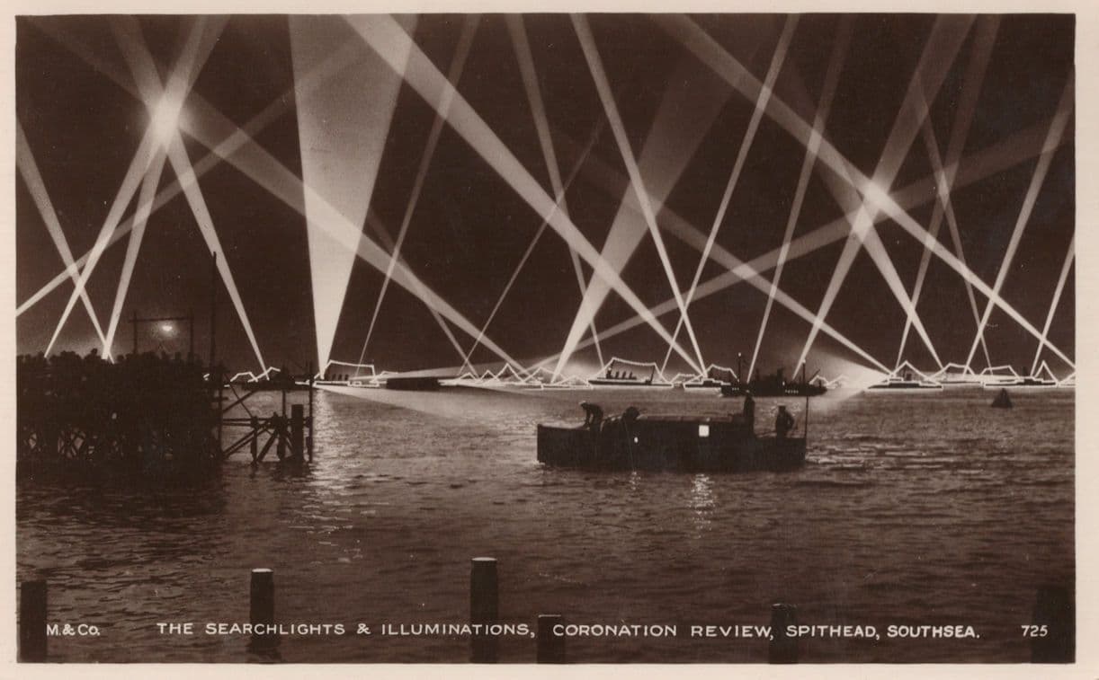 Spithead Southsea Coronation Review Ship Searchlights Hampshire RPC Postcard