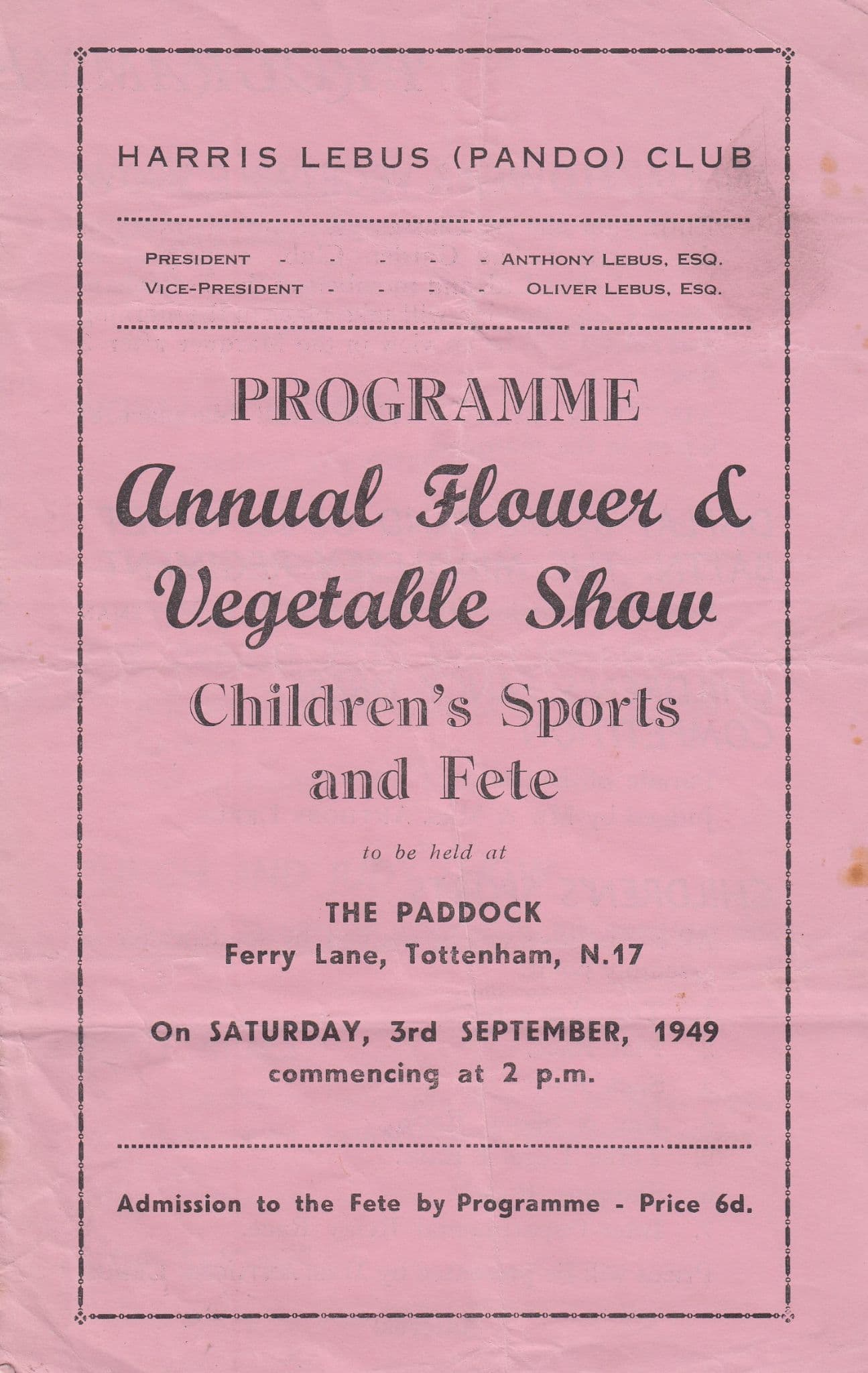 Sports Day Vegetable Show Tottenham Paddock Old Programme