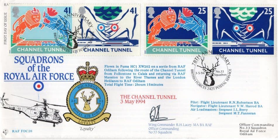 Squadrons Of The Royal Air Force Channel Tunnel Flown Oldham Hand Signed FDC