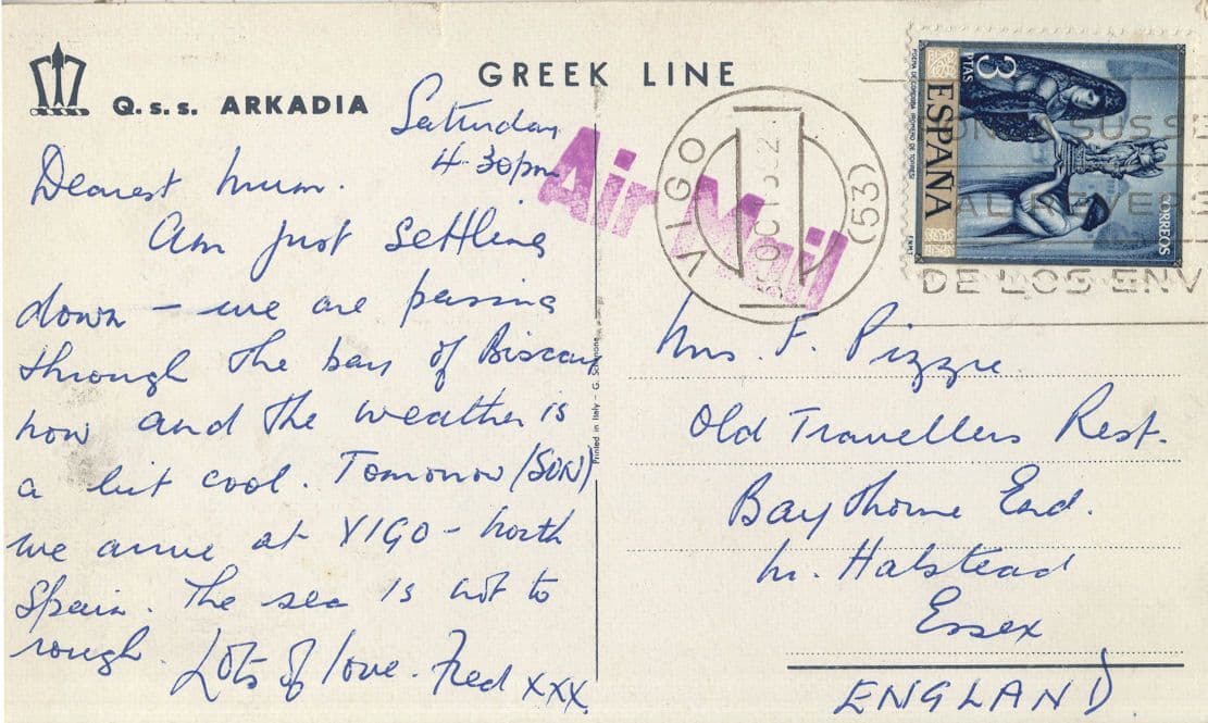 SS Arkadia On Board At Bay Of Biscay Greek Line Ship Postcard