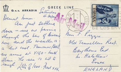 SS Arkadia On Board At Bay Of Biscay Greek Line Ship Postcard