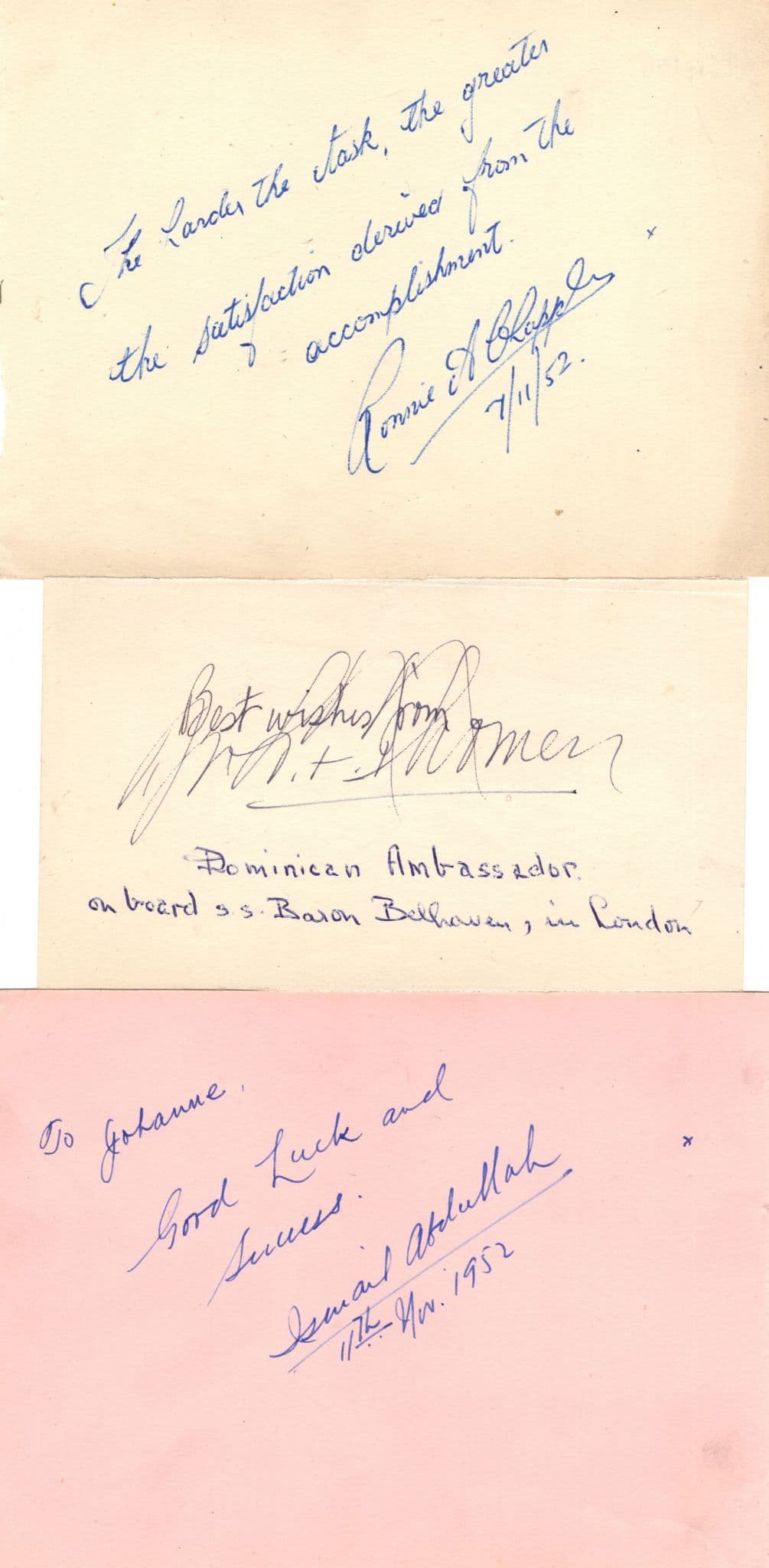 SS Baron Belhaven Dominican Ambassador 1950s 3x Hand Signed Autograph