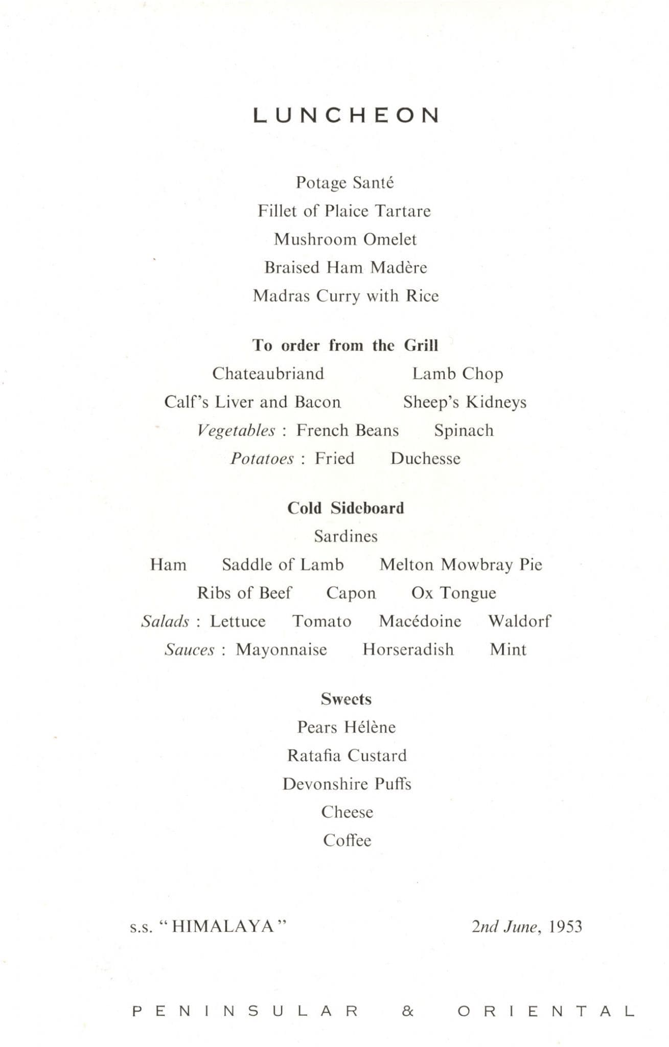 SS Himalaya P&O Cruise Ship Queen Elizabeth Coronation Menu