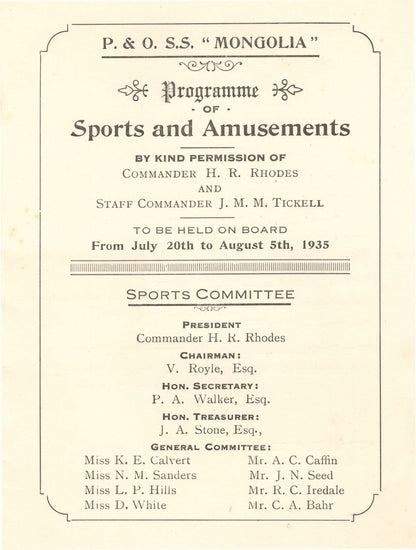 SS Mongolia P&O Cruise Ship 1935 Dance Whist Tennis Book -let