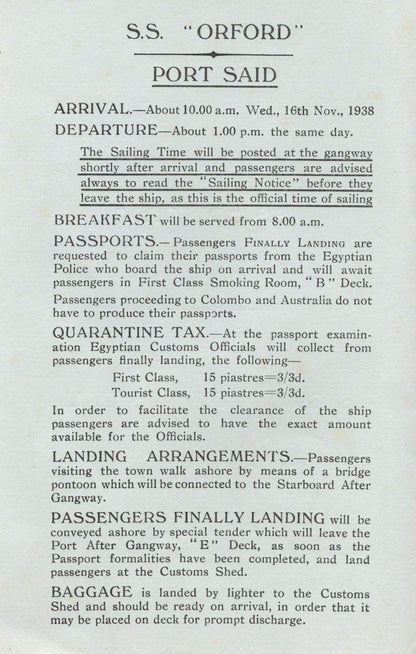 SS Orford 1938 Ship Port Said Cruise To Australia Programme