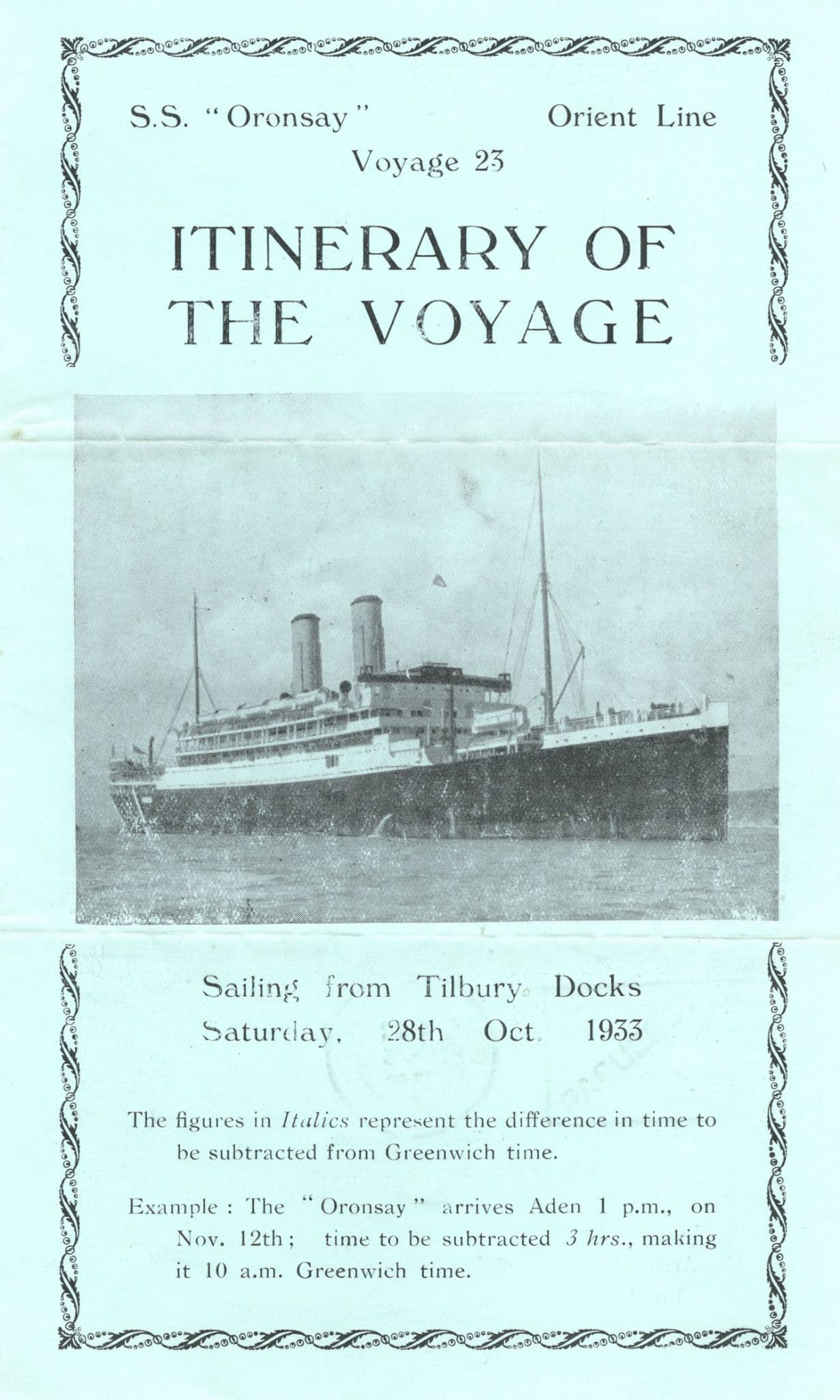SS Oronsay Orient Line 1933 Tilbury to Australia Cruise Itinerary
