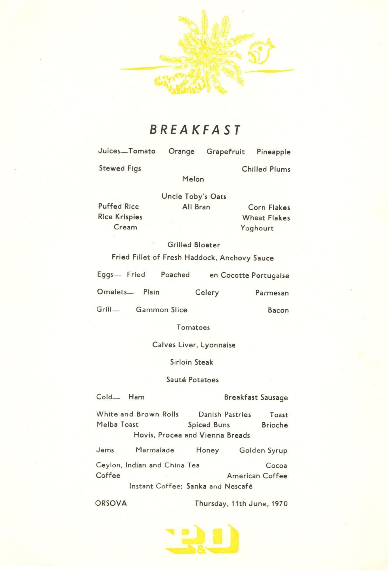 SS Orsova Orient Line Ship 1970 Menu