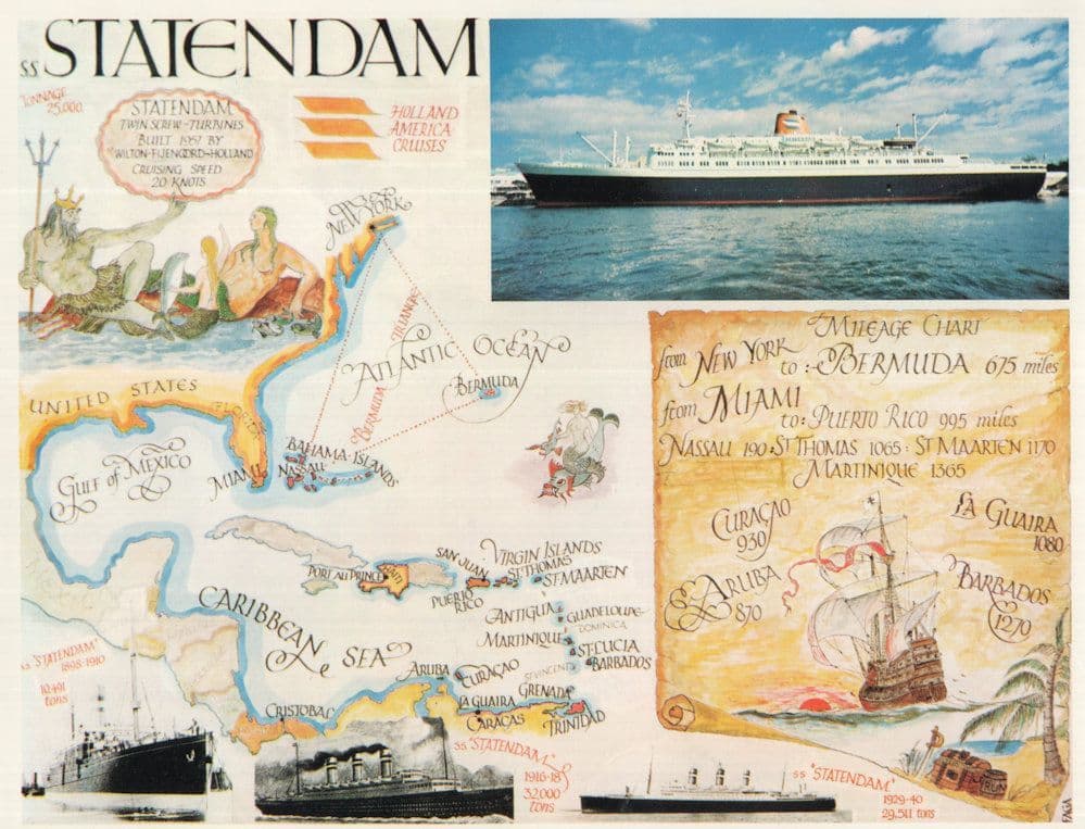 SS Statendam Holland American Cruise Line Giant Ship Map Rare Postcard