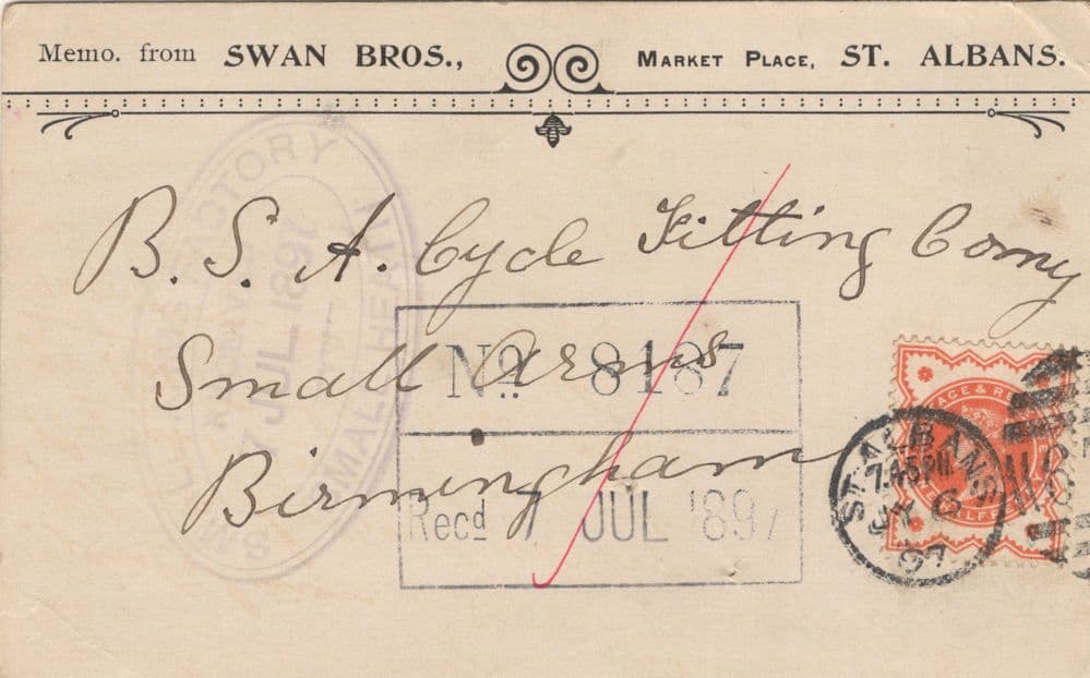 St Albans Herts 1897 Victorian Card To Antique Birmingham Bicycle Shop