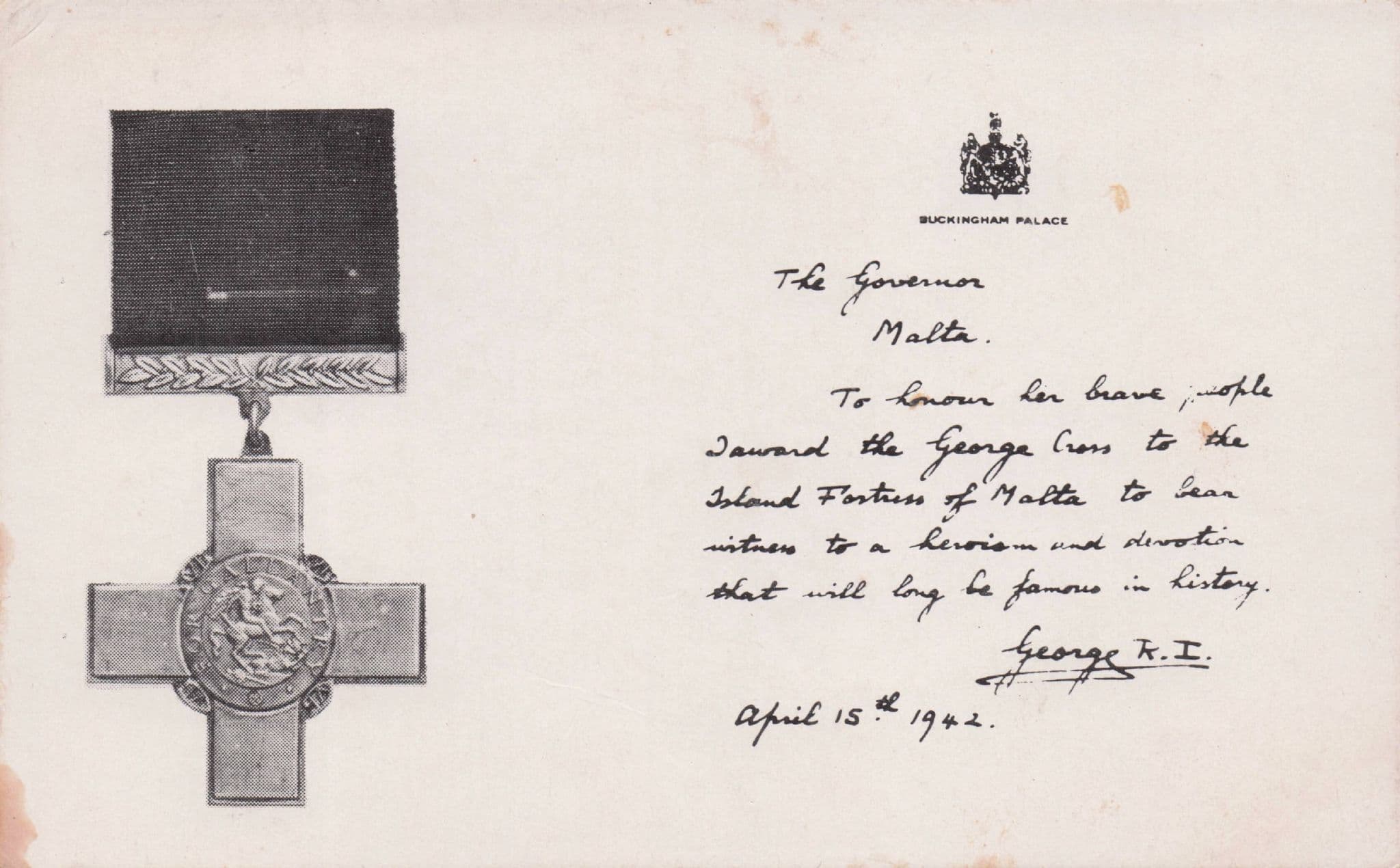 St George Cross 1942 WW2 Citation War Museum Old Malta Postcard