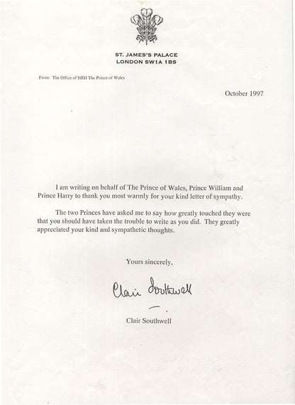 St James Palace Letter Death Of Princess Diana Signed Letter & Official Envelope